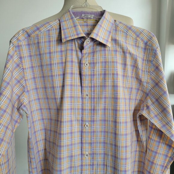 Men's Bugatchi Julian Shaped Fit Plaid Linen Button-Up Shirt (Size: S/Medium) - Picture 3 of 12